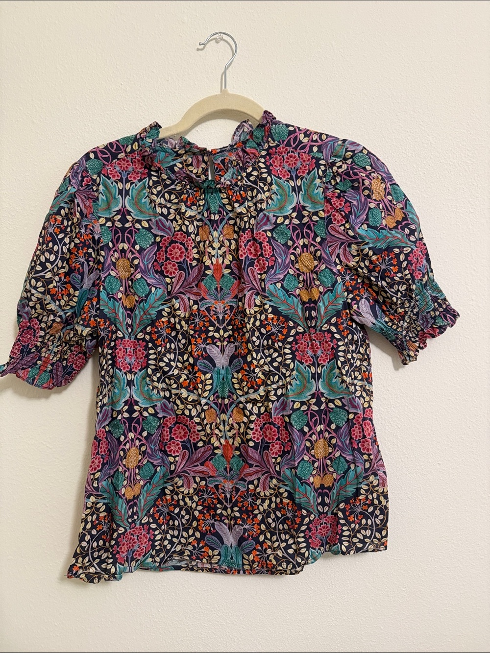 J. Crew Floral Puff Sleeve Blouse - Navy with Teal, Purple & Pink